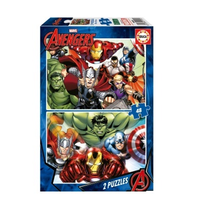 Caixa de puzzle Avengers com 2 puzzles e 48 peças, personagens Marvel coloridos
