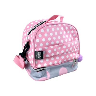Mala pequena rosa com bolinhas brancas e etiqueta Disney MINNIE MOUSE