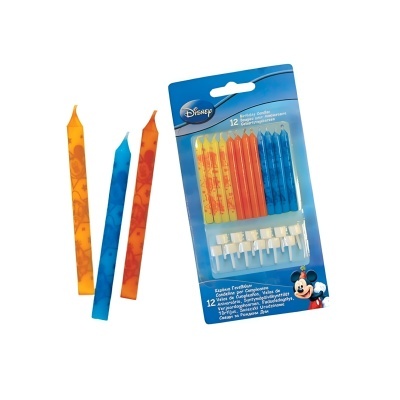 Conjunto de 12 velas de aniversário Disney coloridas com suporte branco em embalagem azul