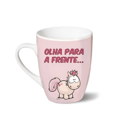 Caneca rosa com unicórnio e texto OLHA PARA A FRENTE