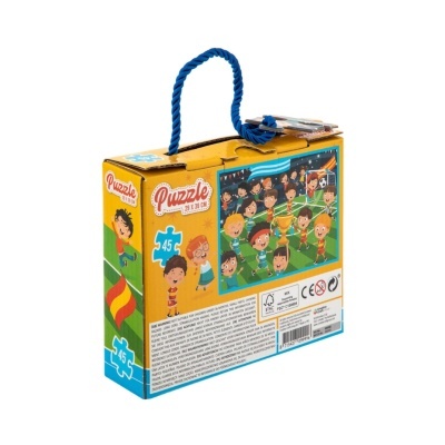embalagem de puzzle com corda azul e ilustração de crianças a jogar futebol