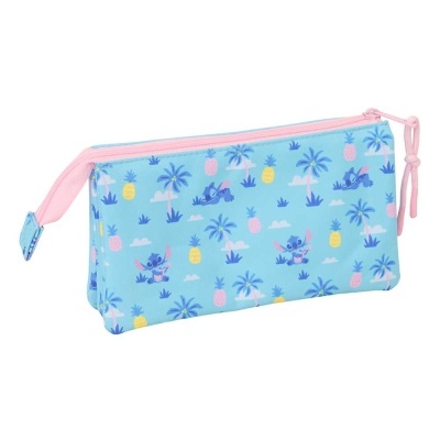 Estojo escolar azul com padrões tropicais e personagem Stitch, fecho rosa