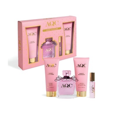Conjunto AQC Sweet Pleasure com tubos cor-de-rosa, frasco de perfume rosa e caixa rosa