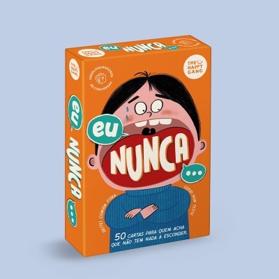 Caixa de jogo de cartas eu NUNCA com ilustração de criança e texto em laranja e azul
