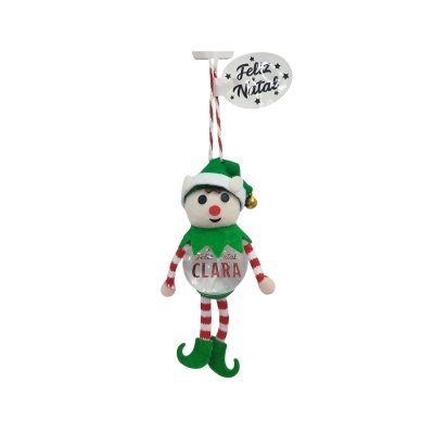 Boneco de pelúcia decorativo de Natal com gorro e botas verdes e corpo às riscas vermelhas e brancas