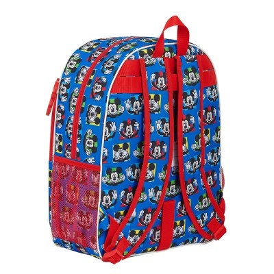 Mochila azul com estampado do Mickey Mouse e detalhes vermelhos
