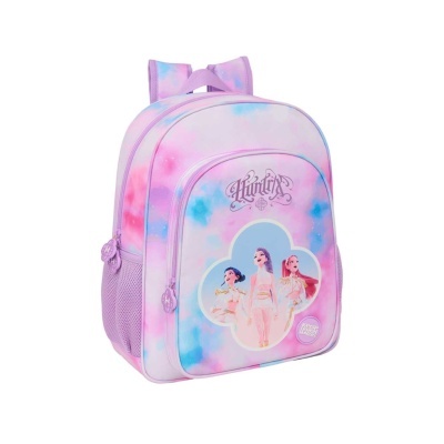 Mochila rosa e azul com estampa de personagens e texto Huntrix