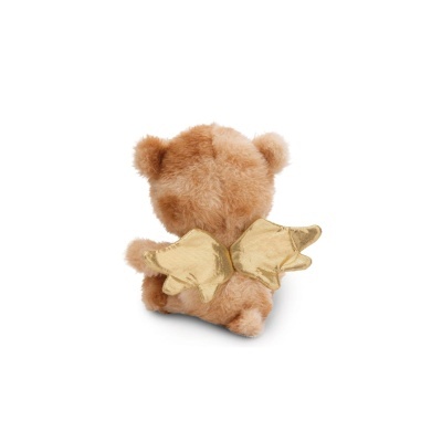 Urso de peluche castanho com asas douradas visto de costas