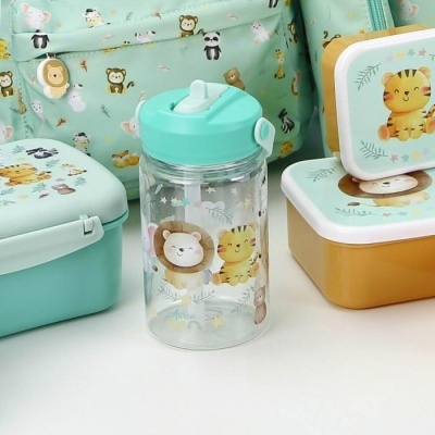 Conjunto infantil de lancheira, garrafa e mochila com estampas de animais em verde-água e amarelo