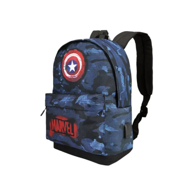 Mochila azul camuflada com logos Marvel e Capitão América