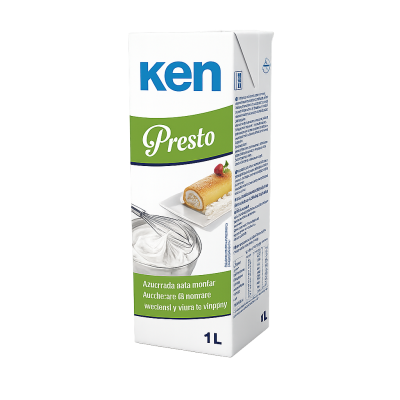 Embalagem de chantilly Ken Presto de 1 litro em branco e verde com imagem de chantilly e sobremesa.