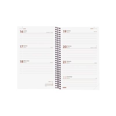 Agenda semanal aberta com datas e dias da semana de 16 a 22 em castanho.