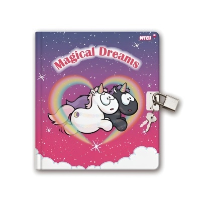 Caderno colorido com estampado de unicarnios e cadeado com chaves.