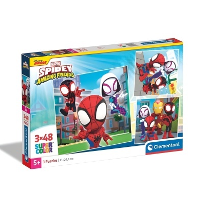 Caixa de puzzles Marvel Spidey Amazing Friends da Clementoni com 3 puzzles de 48 peças