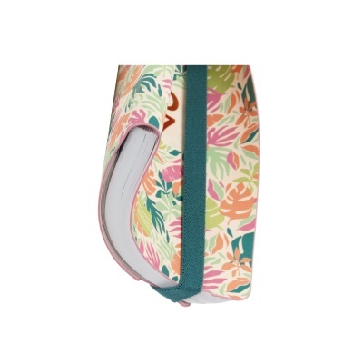 Livro com capa dura estampada de folhas e elástico verde