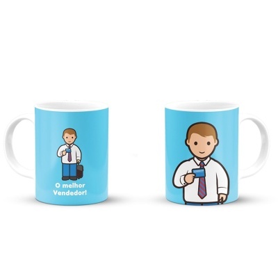 Duas canecas brancas com fundo azul e desenho de homem de fato e gravata