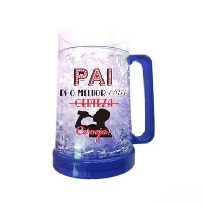 Caneca de plástico transparente com base e pega azul cheia de gelo falso com texto e imagem impressos
