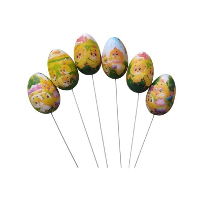 Ovos decorativos de Páscoa pintados com coelhinhos e flores em cabos metálicos