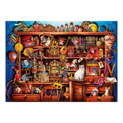 Estante cheia de objetos variados, brinquedos, máscaras, livros e gatos sobre fundo azul.