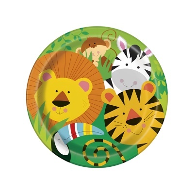 Prato redondo com ilustração de animais da selva em estilo cartoon