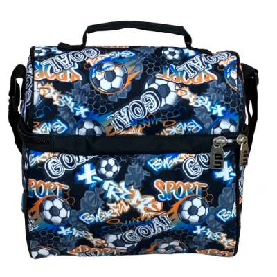 Bolsa térmica com padrão de futebol e textos coloridos