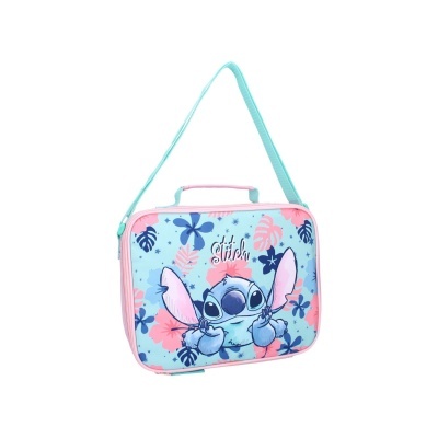 Mochila lancheira azul com personagem Stitch e padrão de folhas rosas e azul escuro.