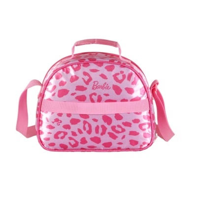 Mochila rosa com padrão animal print rosa e texto Barbie
