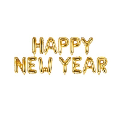 Balões dourados com texto 'HAPPY NEW YEAR'