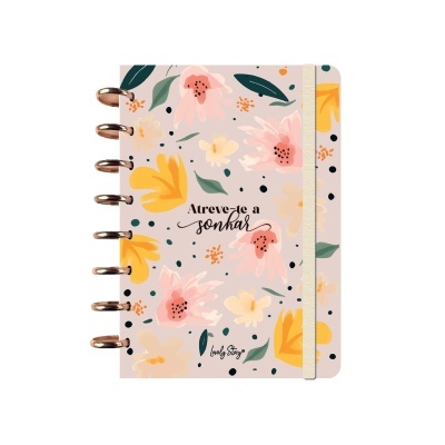 Caderno floral com argolas douradas e faixa elástica bege