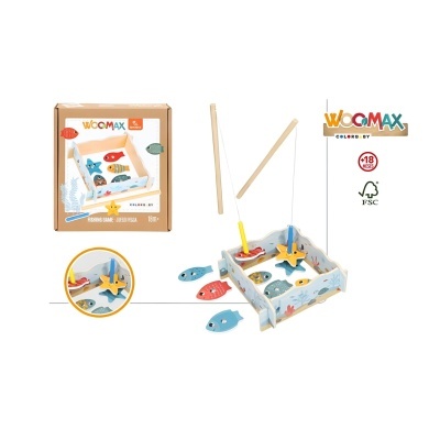 Jogo de pesca magnético WOOMAX com varões e peixes em caixa com design marinho