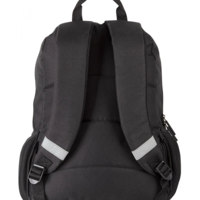 Mochila preta com alças acolchoadas e faixas refletoras cinzentas