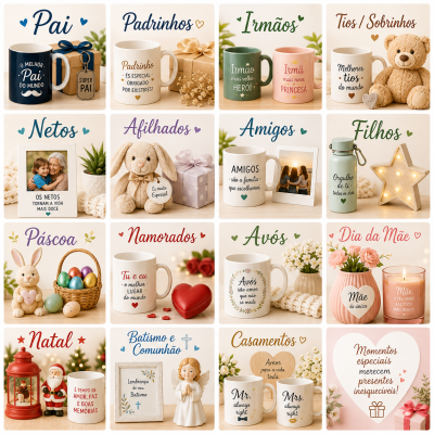 Produtos para presentes temáticos organizados em quadrantes com textos relacionando família e ocasiões especiais.