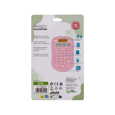 Calculadora de bolso rosa com 8 dígitos e alimentação solar e bateria na embalagem