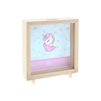 Poupança de madeira com imagem de unicórnio rosa