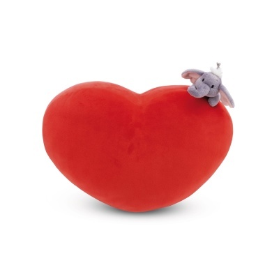 Almofada coração vermelha com elefante de pelúcia cinzento