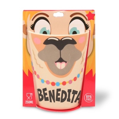 Copo com design de face de animal e embalagem vermelha