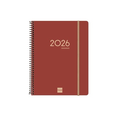 Agenda 2026 capa dura terracota com fecho elástico e espiral preta
