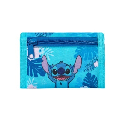 Carteira azul com personagem Stitch e padrão de folhas tropicais