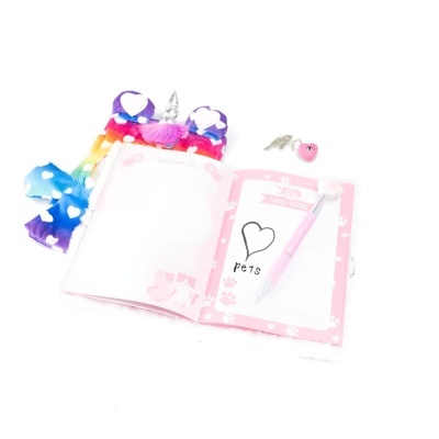 Diário rosa aberto com caneta e faixa de cabelo colorida