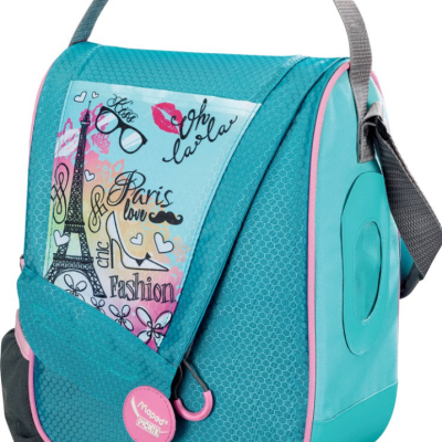 Bolsa térmica azul turquesa com ilustrações e texto colorido