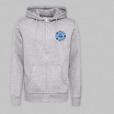 Casaco cinzento com capuz e fecho de correr com etiqueta azul 'MELHOR PAI DO MUNDO'