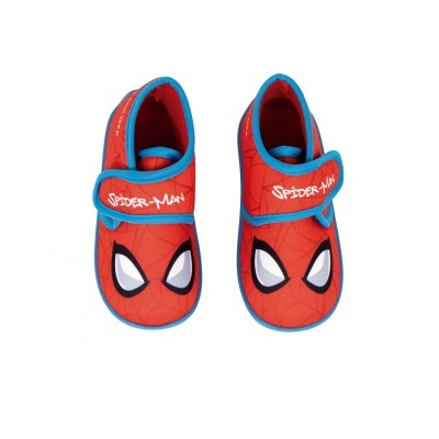 Chinelos infantis Spider-Man vermelhos com bordas azuis e rosto do Spider-Man na parte superior