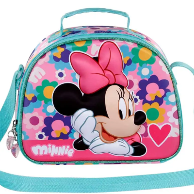 Bolsa pequena com imagem da Minnie Mouse e padrão floral colorido