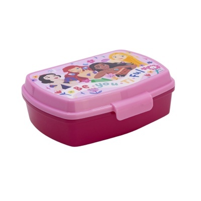Marmita rosa com tampa decorada com personagens e texto colorido