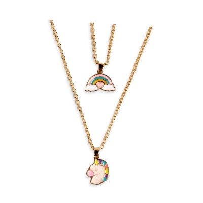 Colar duplo dourado com pendentes de arco-íris e unicórnio esmaltados
