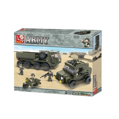 Conjunto de brinquedo Sluban Army com veículos militares e soldados em caixa