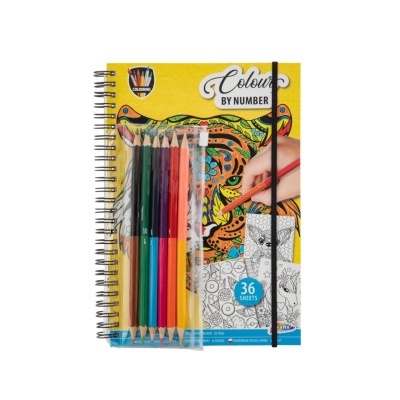 Livro de colorir Colour BY NUMBER com lápis de cor e capa amarela