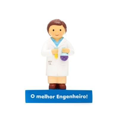 Figura decorativa de engenheiro com base azul e texto