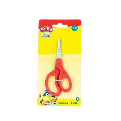 Tesoura Playdoh com cabo vermelho embalada em cartão amarelo e vermelho