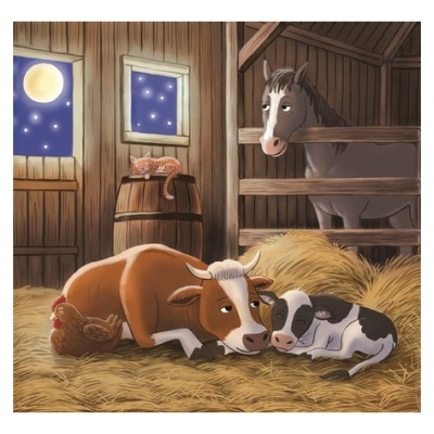 Estábulo ilustrado com vacas deitadas, cavalo, galinha e gato em feno à noite